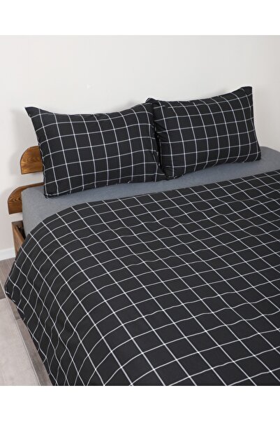 HRN Textile Set de lenjerie de pat dublu în carouri cu cearșaf de pat