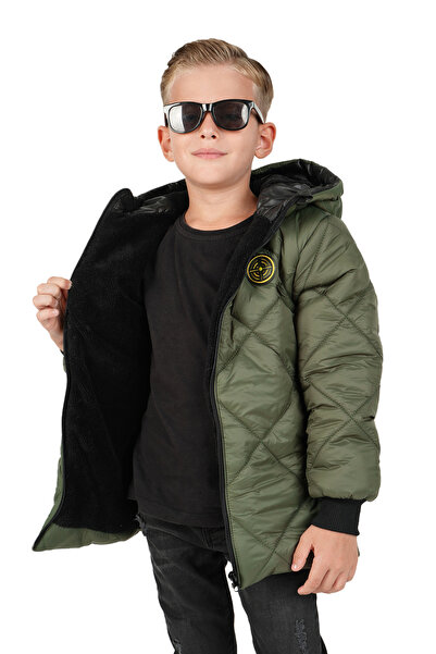 JARMO KİDS Boy's Water and Windproof Fur Lined Hooded Coat with Argyle Pattern
