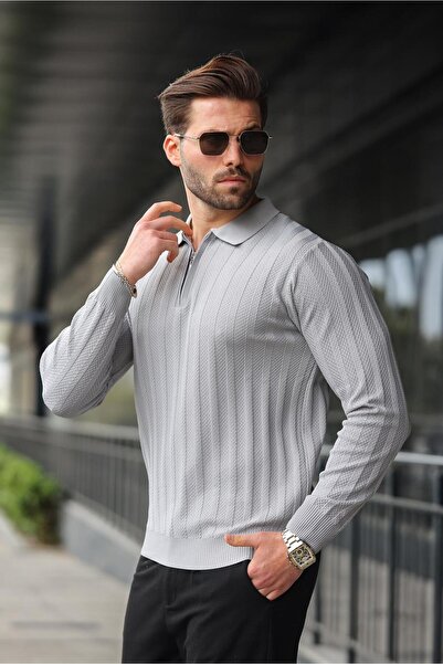 Madmext Gray Half Zip Polo Neck Knit Sweater E7426