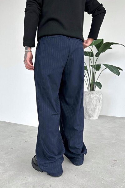 HAFKAGİYİM Lacivert Parfe Çizgili Beli Lastikli Premium Kumaş Pantolon