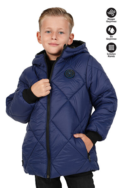 JARMO KİDS Boy's Water and Windproof Fur Lined Hooded Coat with Argyle Pattern
