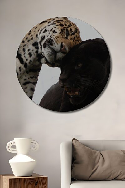 Teona Ahşap Tablou decorativ rotund din lemn Jaguar și Pantera Neagră