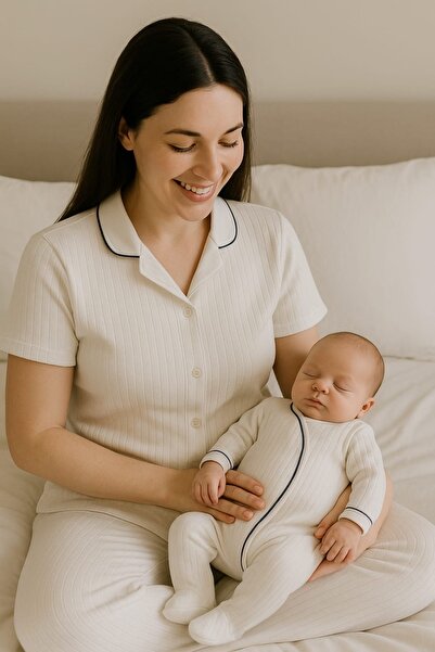 Genel Markalar Anne ve Bebeğin İlk Uyumu Biyeli Anne Pijama&Bebek Tulum Set
