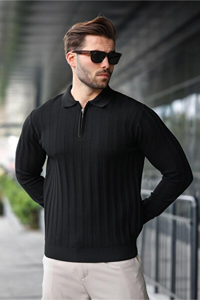 Madmext Siyah Yarım Fermuarlı Polo Yaka Triko Kazak E7426
