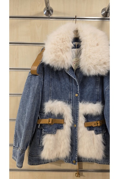 Park Moda Fur Leather Detailed Denim Coat