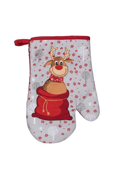OEM Christmas Set, Kitchen Glove and Towel, Reindeer, Red/Grey, 2 Pieces