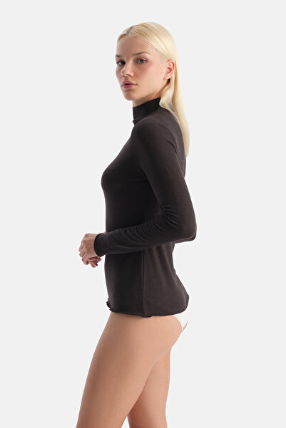 Eros Μακρυμάνικο μπλουζάκι με ζιβάγκο από κασμίρ σε σκούρο καφέ χρώμα