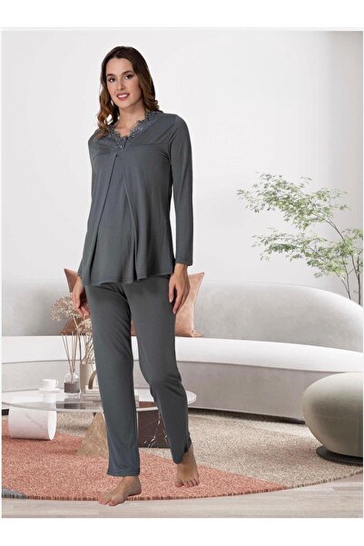 Lohusa Homewear Women's Smoked Special Design Lace Long Sleeve Cotton Maternity Pajama Set