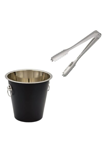 OEM Ice bucket made of metal with rings, matte black, 22.5 x 21 cm, tongs included