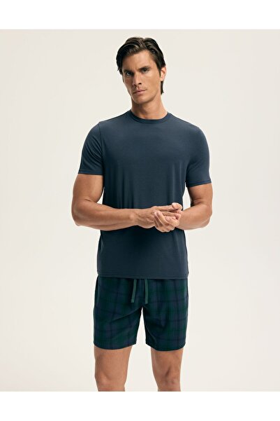 ESOTIQ HOMME Classic Men's Pajama Set Plain T-Shirt & Plaid Shorts Cotton & Modal | Agile