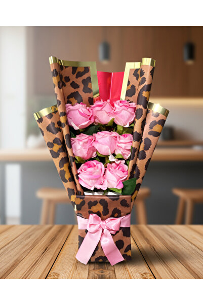 Linalux Gifts Pembe Gül Buketi Leopar Desenli Kağıtlı - Kadina Dogum Gunu - S...