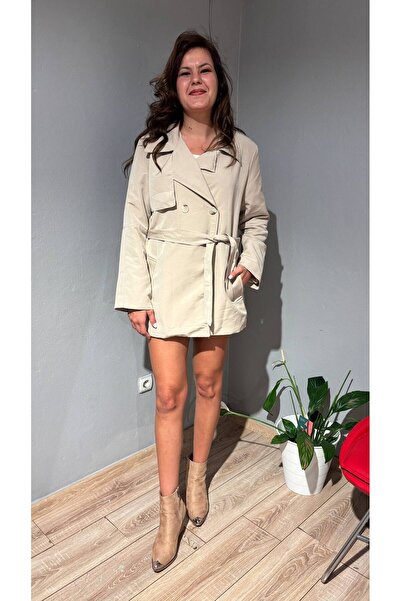 Bir Demet Butik Kadın Taş Rengi Kuşaklı Oversize Trençkot – Şık Günlük Ceket