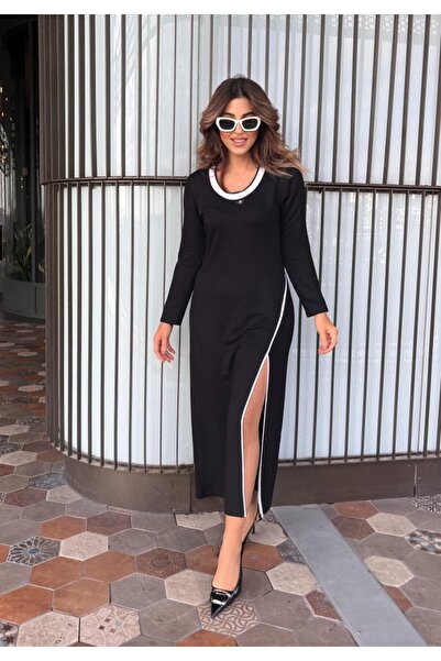 Wear Up    Women's Long Sleeve Round Ribbed Neck Slit Long Viscose Two Thread Dress
