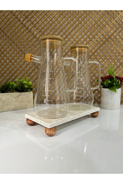 FARALYAHOME Bamboo Lid Vacuum Borosilicate Set of 3 Glass Oil Bottle Vinegar Bottle Travertine Marble Base 24X12 cm