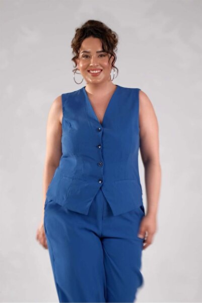 Roxxlen 112106 Kadın Büyük Beden Düğmeli Yelek Lacivert