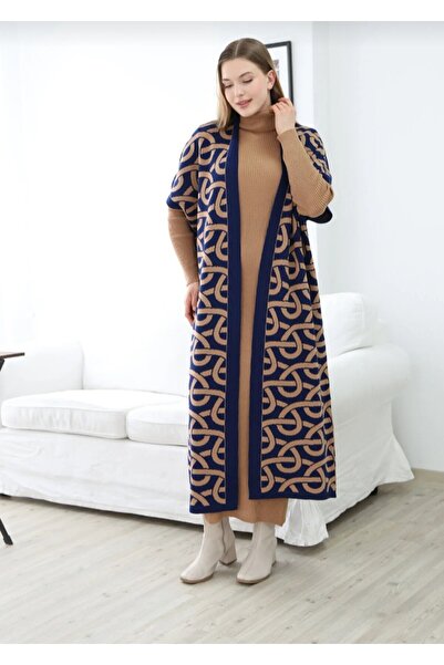 eflanmoda Knitwear Turtleneck Long Sleeve Ribbed Pattern Women's Dress Vest Set