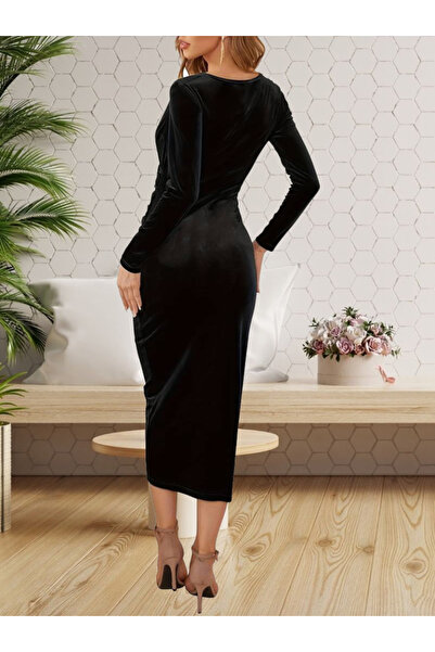 Modayakamoz Yeni Sezon Kadın Uzun Kollu Kadife Abiye Elbise Midi Boy Kruvaze Kesim Büzgü Detay