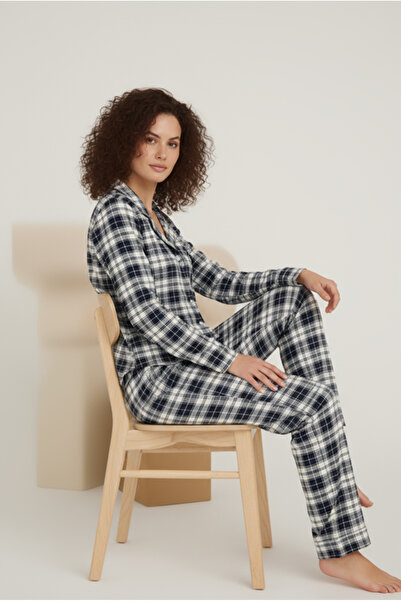 Bravie Set de pijamale cu mâneci lungi pentru femei, din viscoză, cu model în carouri, albastru bleumarin – 42576