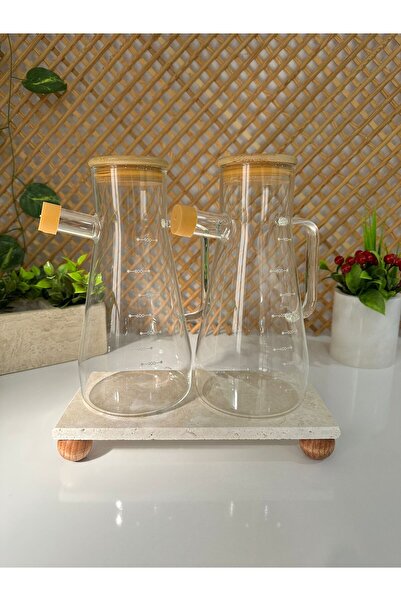 FARALYAHOME Bamboo Lid Vacuum Borosilicate Set of 3 Glass Oil Bottle Vinegar Bottle Travertine Marble Base 24X12 cm