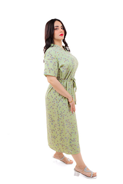 amaan Women Floral Daisy Print Crepe Fabric Midi Dress - Tie-Waist Jalabiya for Casual, Lounge & Home Wear