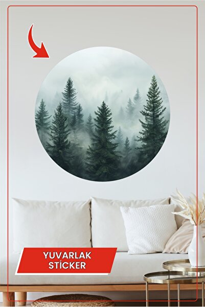 KOSS Dijital Autocolant rotund cu tematică Pădurea de pin ceață Decor de pere...