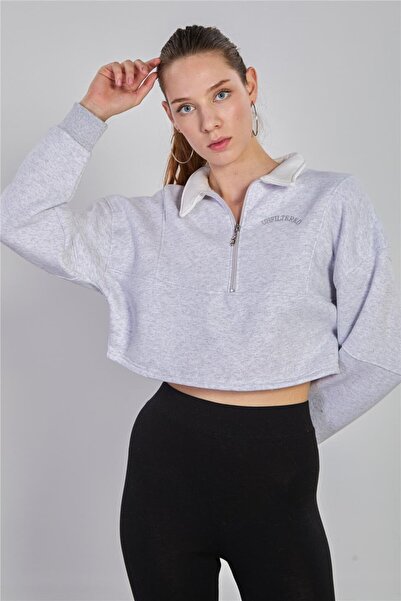 BARRELS AND OIL سويت شيرت نسائي بياقة بولو وسحاب نصفي - كار ميلانج