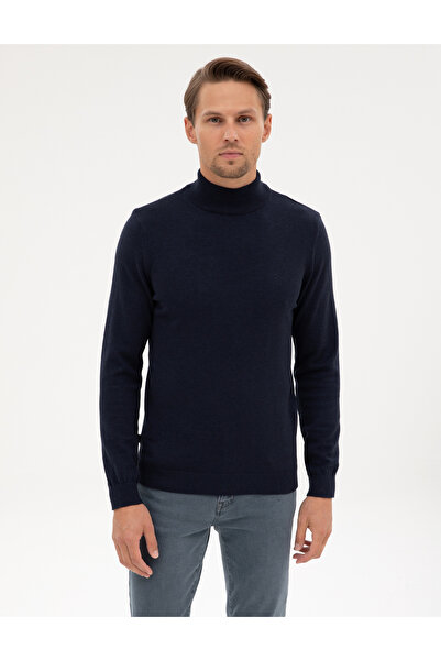 Pierre Cardin Navy Blue Melange Slim Fit Half Turtleneck Basic Knitwear Sweater 50315457-Vr120