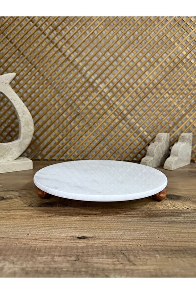 FARALYAHOME Presentation Stand 25 cm Natural White Marble with Natural Wooden Legs