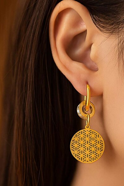 TAKIŞTIR أقراط فولاذية مفصلة بتصميم زهرة الحياة باللون الذهبي (زوج)