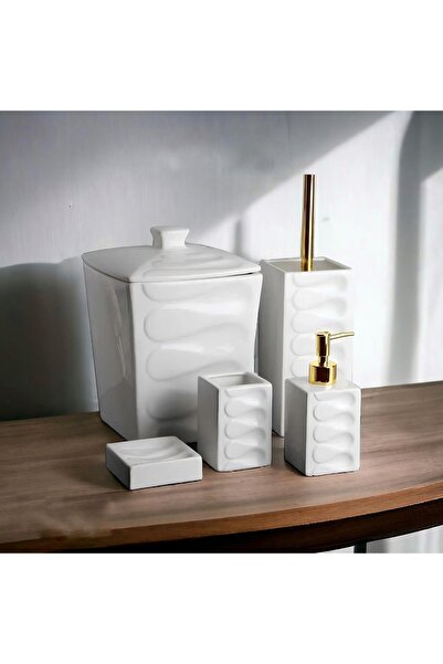 CEZVE HOME Viola Porcelain Wave Patterned Gold Detailed 5-Piece Bathroom Set