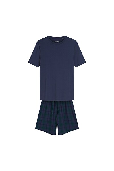 ESOTIQ HOMME Classic Men's Pajama Set Plain T-Shirt & Plaid Shorts Cotton & Modal | Agile
