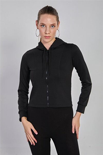 BARRELS AND OIL سويت شيرت نسائي بغطاء للرأس وسحاب من المودال - أسود