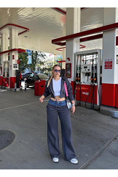 FİOXCO Molyn Three Thread Ş επένδυση fleece Σετ με δύο τεμάχια με κουκούλα/φούτερ με λεπτομερή σχεδίαση τζιν στη μέση