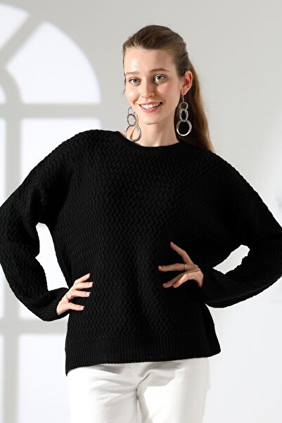 LADY HAZAL Black Crew Neck Soft Textured Basic Knitwear Hijab Sweater