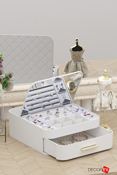 decorev Aynalı Çok Bölmeli Çekmeceli Makyaj Takı Organizer Krem UR-3438