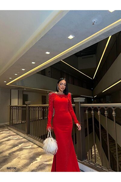Modafeminen Sırt Dekolteli İnci Detaylı Simli Krep Abiye Elbise 583130 KIRMIZI