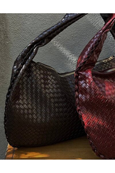 Gül Karatekin Дамска кафява плетена чанта с мотиви, с небрежен вид, в ретро стил, за ръка и рамо