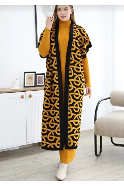 eflanmoda Tricotaj cu guler înalt, cu mânecă lungă, cu model reiat, set vestă...