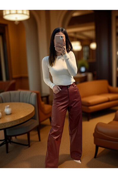 Ecenin Favorileri Burgundy Faux Leather Palazzo Women's Trousers