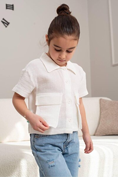 Ecenin Favorileri 100% Cotton White Girls' Short Sleeve Shirt with Front Pocket