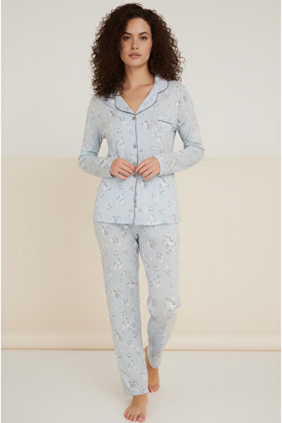 Bravie Luxury Viscose Blue Floral Patterned Women's Long Sleeve Pajama Set – 42550