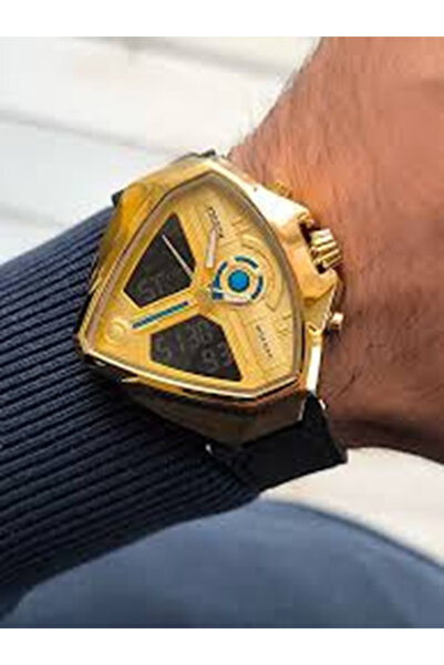 LOCK Gold Tone Triangle Dial Watch - Unique Design - Digital Display - Black Band