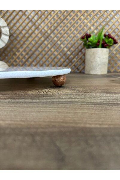 FARALYAHOME Presentation Stand 28 cm Natural White Marble with Natural Wooden Legs