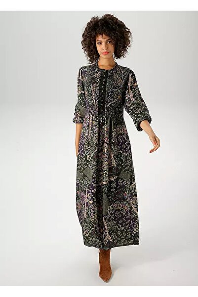 Şans Women's Plus Size Green, Crochet Elastic Detail, Floral Pattern Viscose Long Dress 65N39178