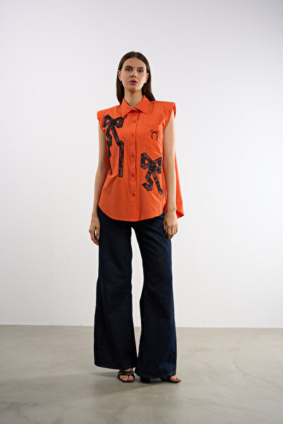 HANIQA Bow Printed Zero Sleeve Shirt