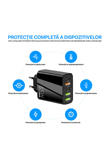 DigikalaX Încărcător digital Kala, 5 porturi, încărcare rapidă 65W, 3 x USB, 2 x Tip-C