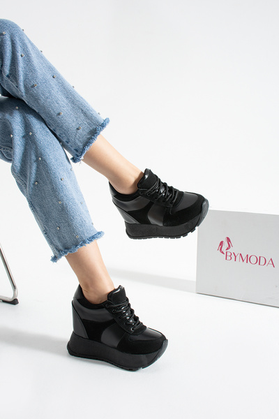 Bymoda New Season Black Hidden Wedge Heeled Sports Shoes Total Height 10 cm