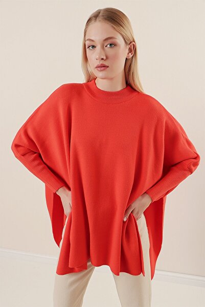 ebru akten butik Kadın Siyah Oversize Yırtmaçlı Panço Kazak