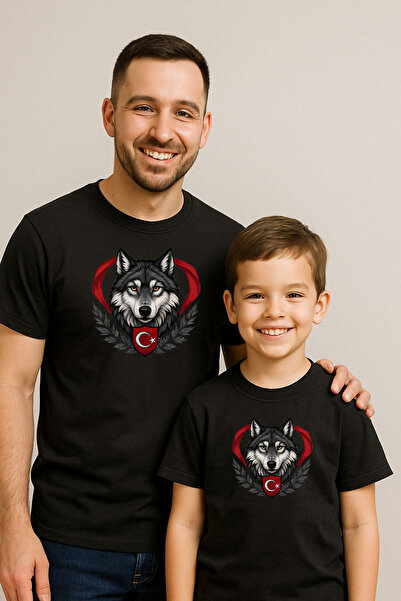 ErTaPassage Erkek Baba Oğul Siyah TÜRKİYE Damgalı Bozkurt Tişört - Anlamlı Et...