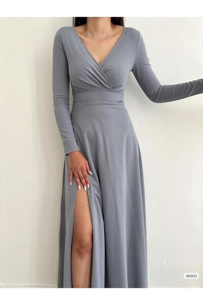 Modafeminen Double-breasted neck long sleeve slit detail imported crepe fabric long basic dress 582623 gray